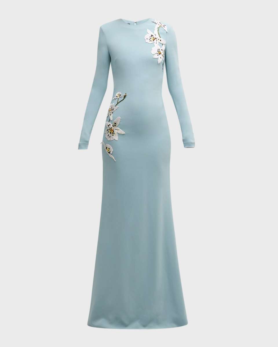 Orchid Embroidered Long-Sleeve Cady Gown